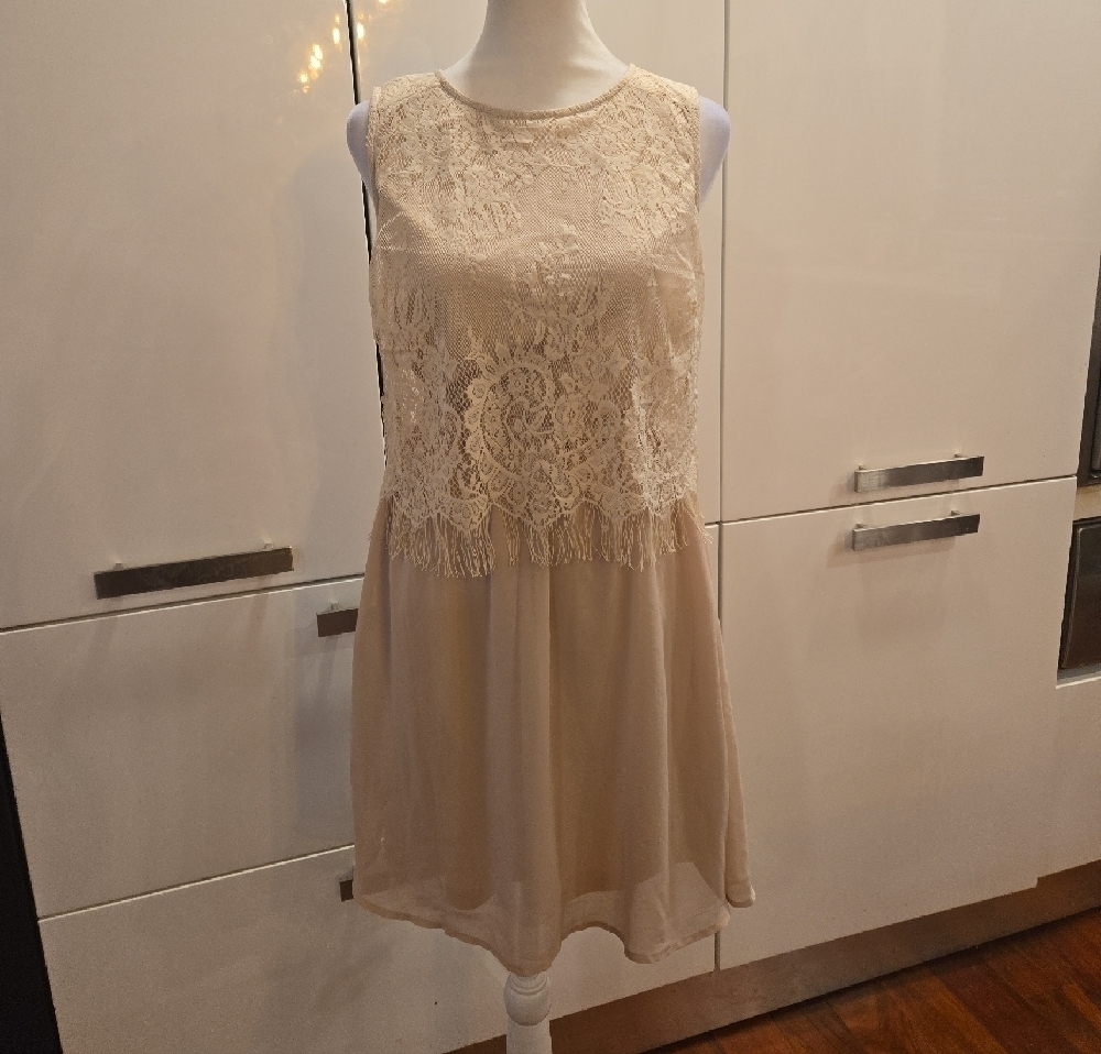 NWT Sabine Lace Overlay Fringe Sleeveless Dress Cream Size XS